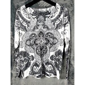 Cato Womens V-Neck Long Sleeve Top With Black & White Paisley Print - Size L
